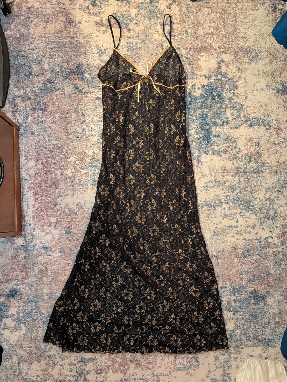 Midnight Velvet Black Floral Lace Slip with Gold Trim